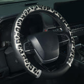 KAFEEK front view showing black leopard print steering wheel cover, stylish interior upgrade