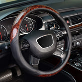 KAFEEK front view of steering wheel cover shows wood-grain finish and fit