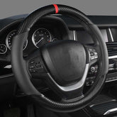 KAFEEK front view of black carbon fiber steering wheel cover showing fit and style for upgraded looks