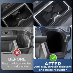 Katorn insert installed in front holder stabilizing a travel mug and reducing noise