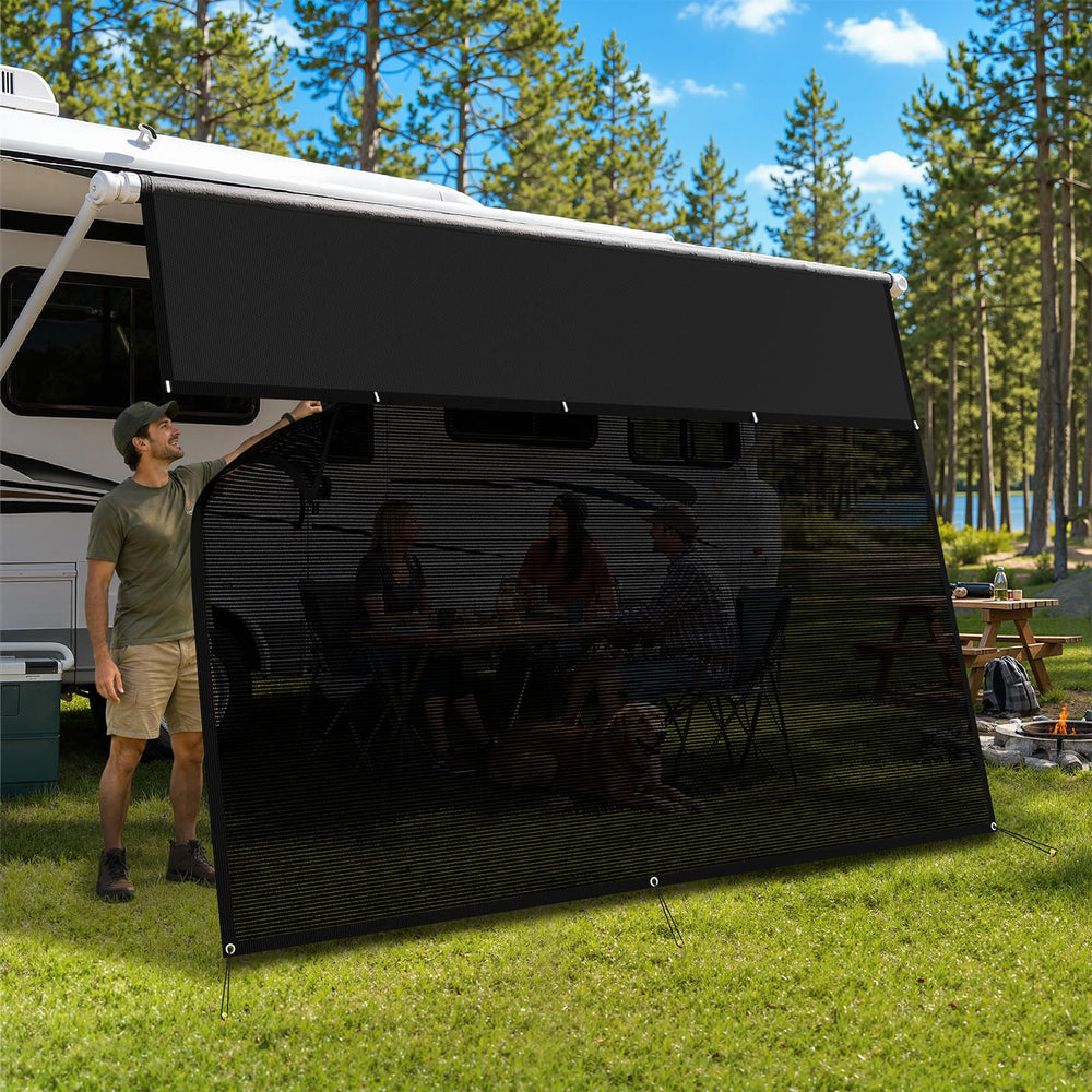 Kavrixo front view showing full awning screen and shaded area benefit