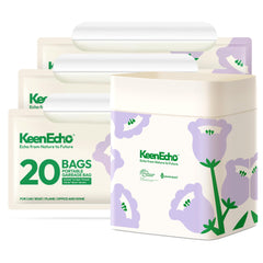 KeenEcho front packaging showing 60 purple disposable bags and product benefits