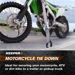 KEEPER straps securing a motorcycle on a trailer providing secure transport