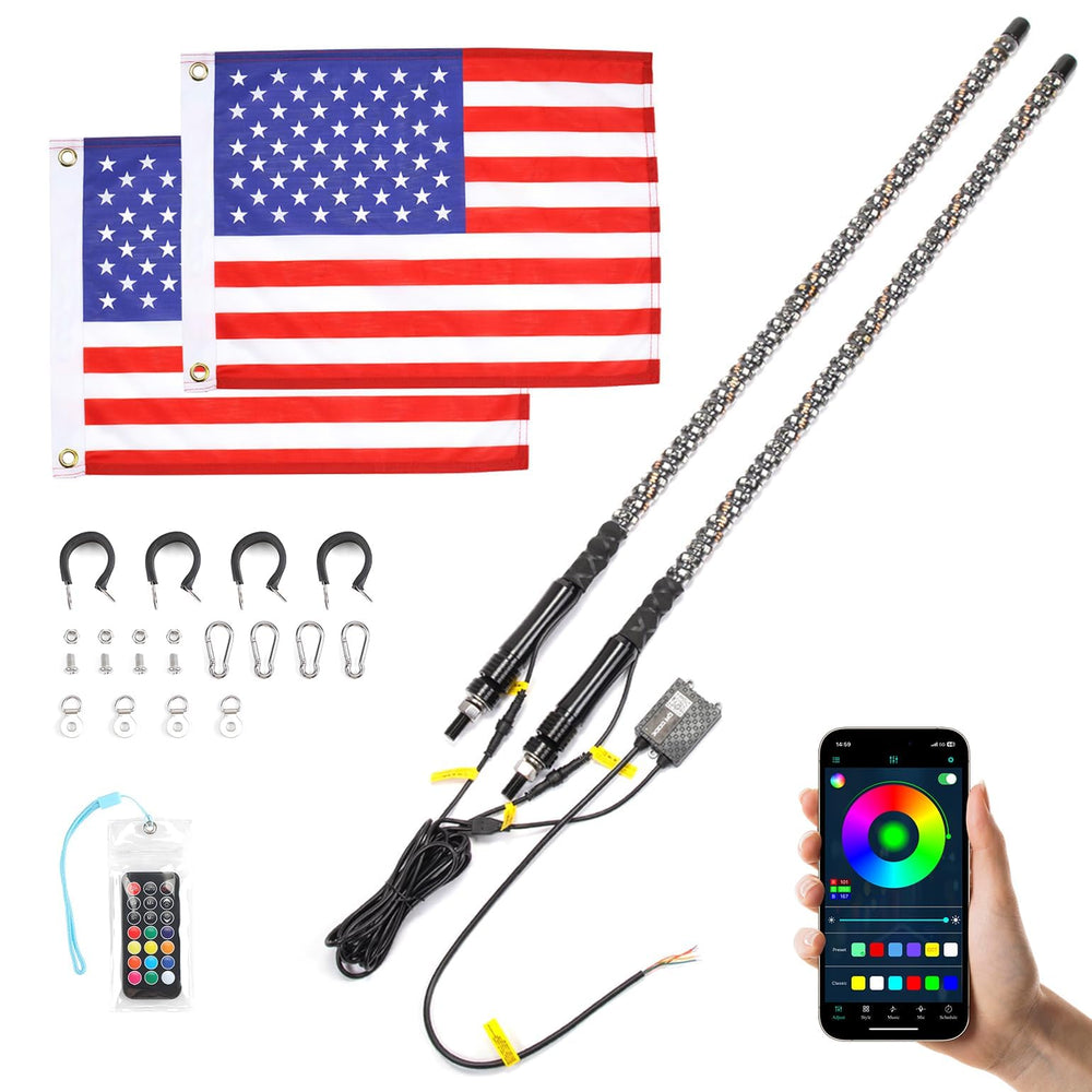 KEMIMOTO front packaging showing two 3ft whips and accessories for quick setup