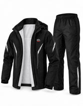 KEMIMOTO front view rain suit showing waterproof protection and quick wear