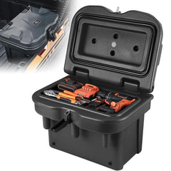 KEMIMOTO front view of UTV bed storage box showing compact profile and secure lid benefit