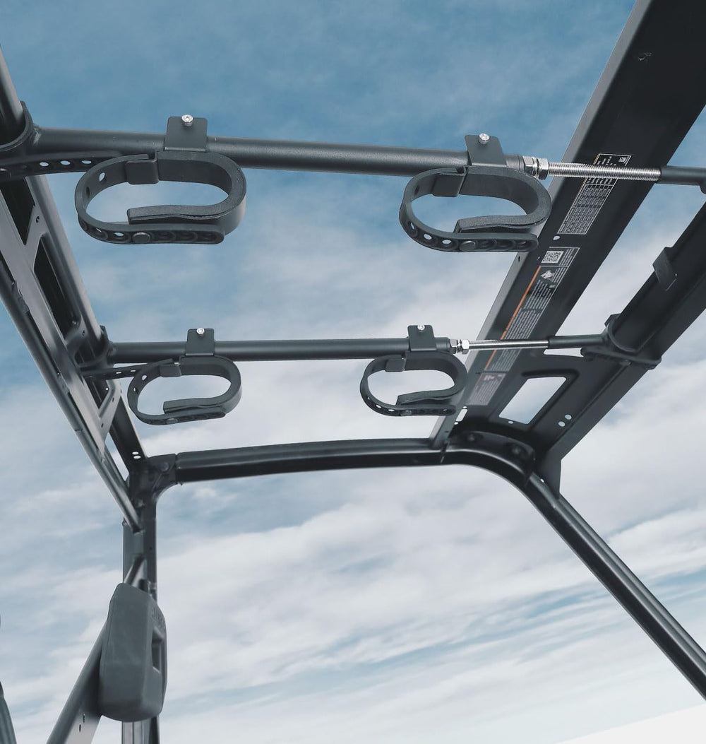 KEMIMOTO front view of overhead rack showing secure storage benefit