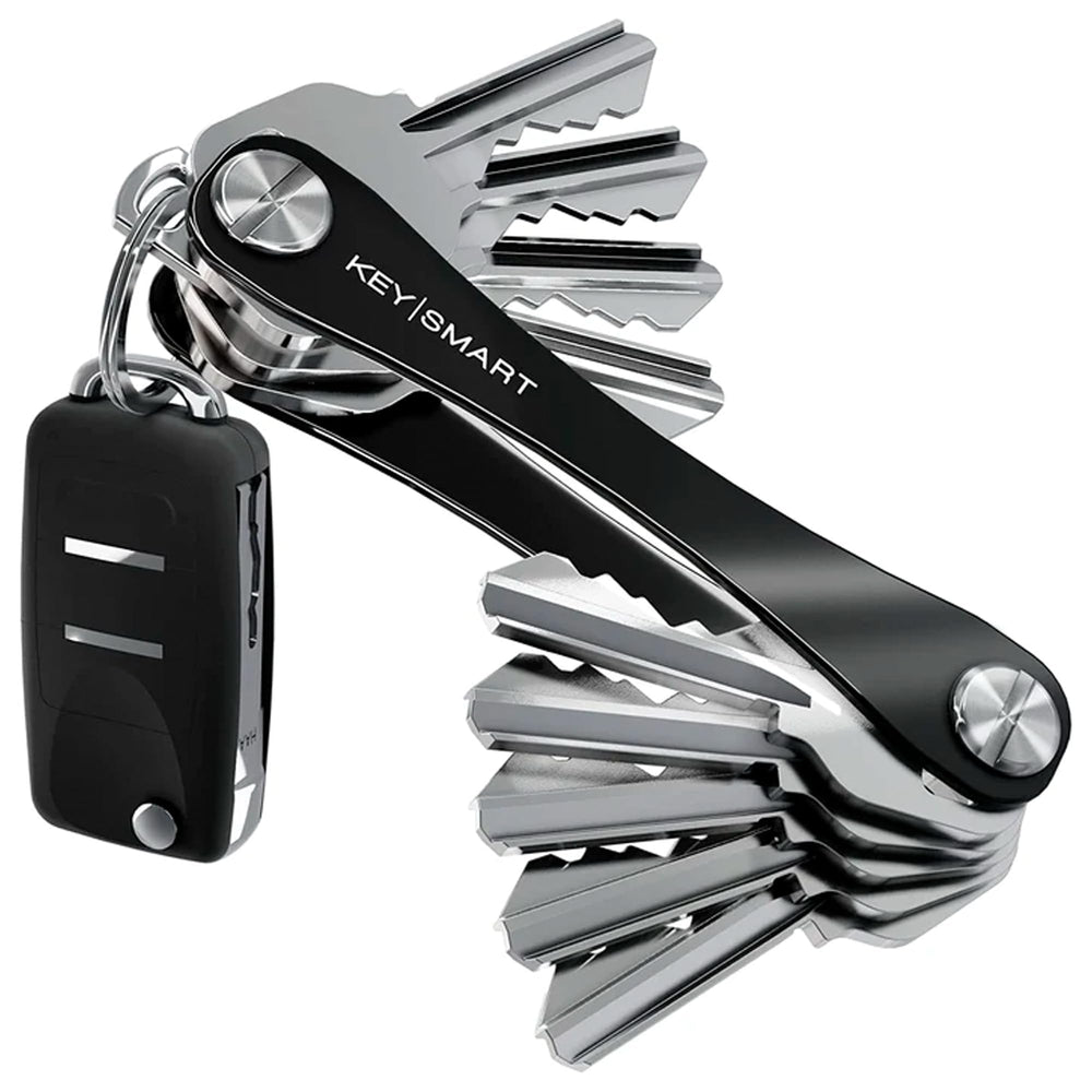 KeySmart original front view showing sleek black organizer and compact benefit