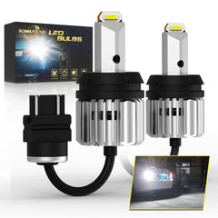 KIMLATAR front view of two 3157 LED bulbs showing plug-and-play design and bright benefit