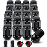 Klmnduo front view of 20 black closed-end lug nuts showing complete set and clean finish