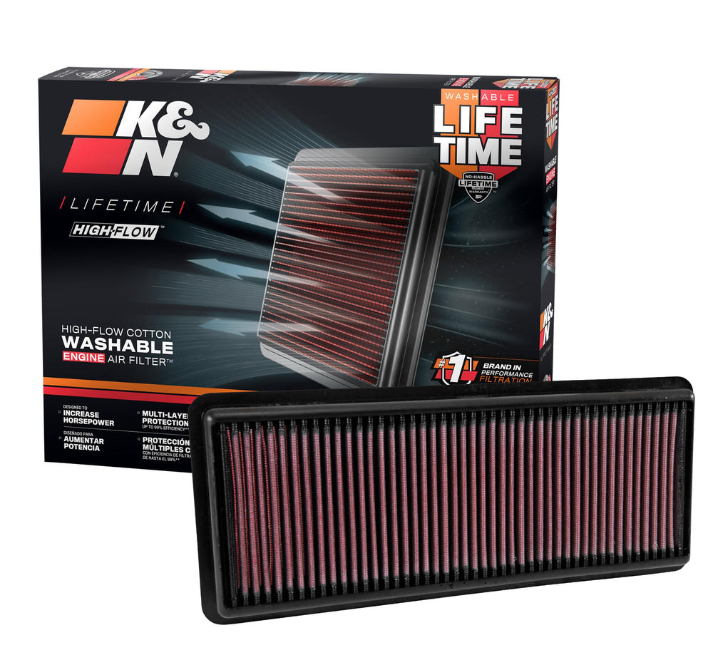 K&N front packaging showing model 33-5040 and fitment benefit