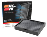 K&N cabin air filter front view showing dimensions and fit benefit