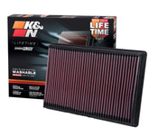 K&N high-flow filter front view showing durable frame and airflow benefit
