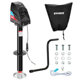 Kohree electric trailer jack front view showing sturdy A-frame mount and benefit: quick hookup