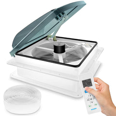 Kohree front view installed on RV roof showing strong airflow benefit