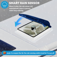 Kohree vent fan with lid open showing automatic lid and rain-sensing protection benefits