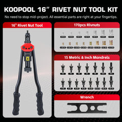 KOOPOOL kit laid out with 14 mandrels and 170 nuts for immediate project start