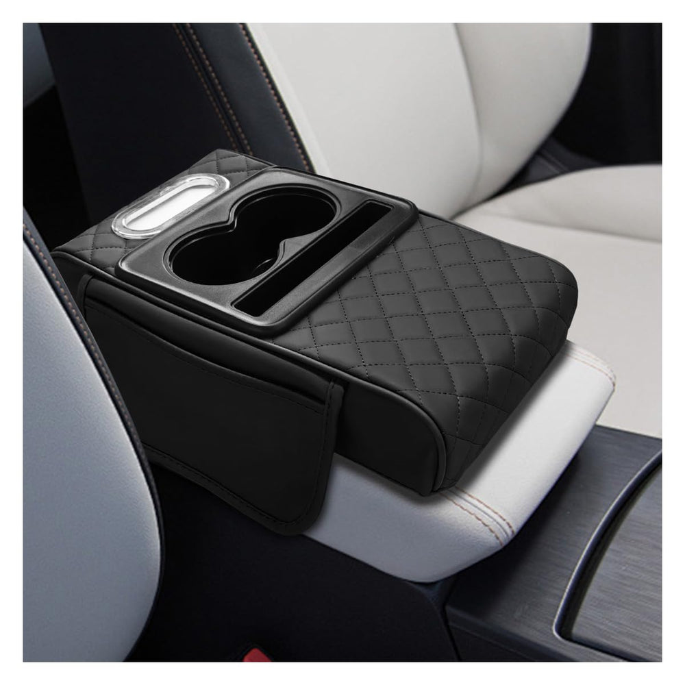 KPFILEH front view of black leather armrest cover showing neat storage and comfort
