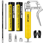 KRETLAW grease gun front view showing compact aluminum body and pistol grip, durable tool