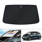 KUST front-fit sun shade on BMW i3 windshield showing full coverage and UV protection