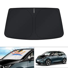 KUST front-fit sun shade on BMW i3 windshield showing full coverage and UV protection