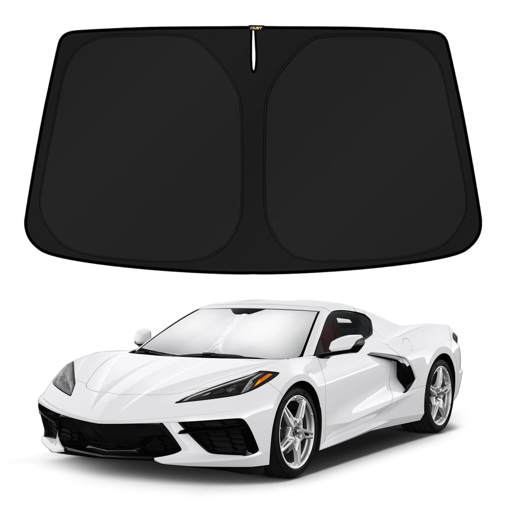 KUST front view of shade installed on Corvette C8 windshield, blocks sunlight