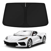 KUST front view of shade installed on Corvette C8 windshield, blocks sunlight
