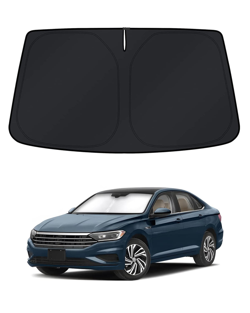KUST front view of custom-fit Jetta windshield shade protecting interior