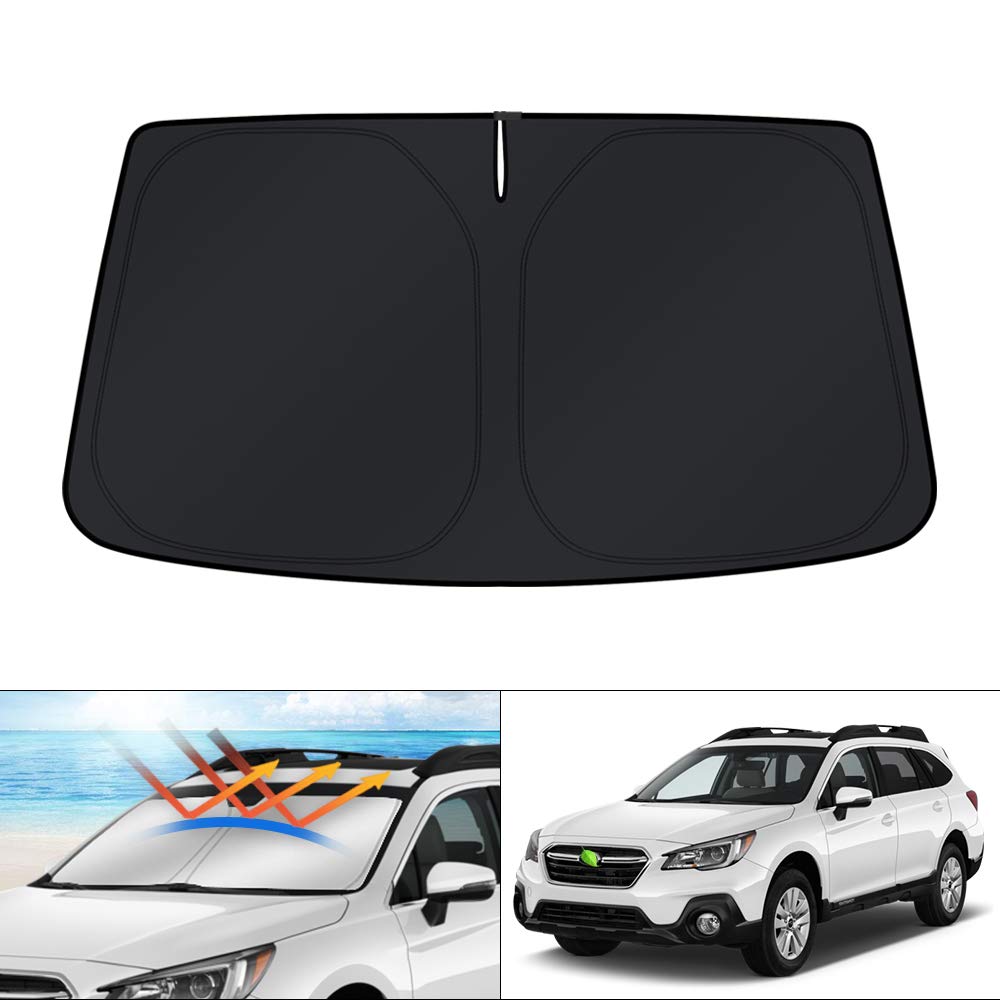 KUST sun shade front fit on Outback windshield showing full coverage and protection
