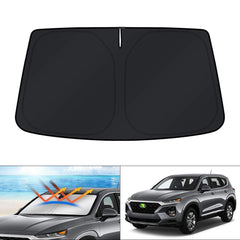 KUST front view of sunshade fitted to Hyundai Santa Fe windshield shows full coverage and cooling benefit