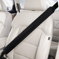LACDL front view of black plush seatbelt cover showing sleek design and comfort