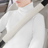LACDL front view of off white seatbelt cover showing plush comfort benefit