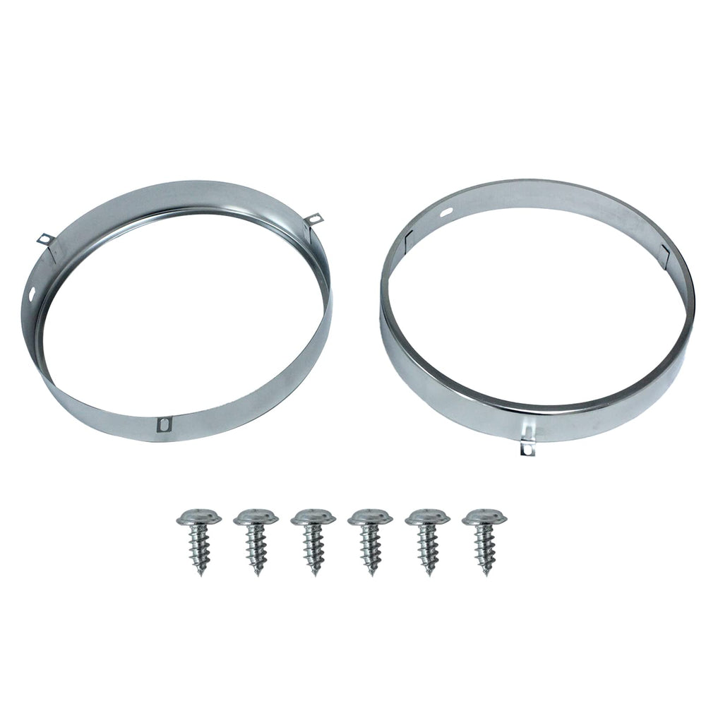 LAFORMO front view of two silver 7-inch headlight retainer rings showing complete set and packaging benefit