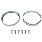 LAFORMO front view of two silver 7-inch headlight retainer rings showing complete set and packaging benefit