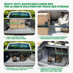 Lakfus two divider bars installed across a truck bed creating organized storage zones