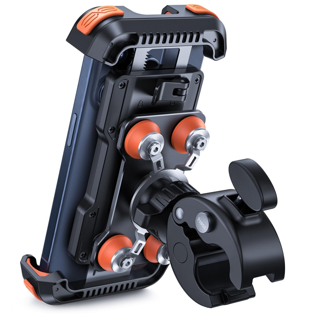 Lamicall front view showing secure phone grip and durable frame benefit: reliable mounting