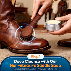 LANBEIDE saddle soap close-up showing texture and gentle cleaning action for leather