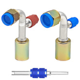 Langina front view of 90° A/C fittings showing kit and benefits