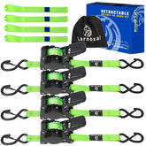 Larnoxal front packaging showing four green retractable ratchet straps, quick identification benefit