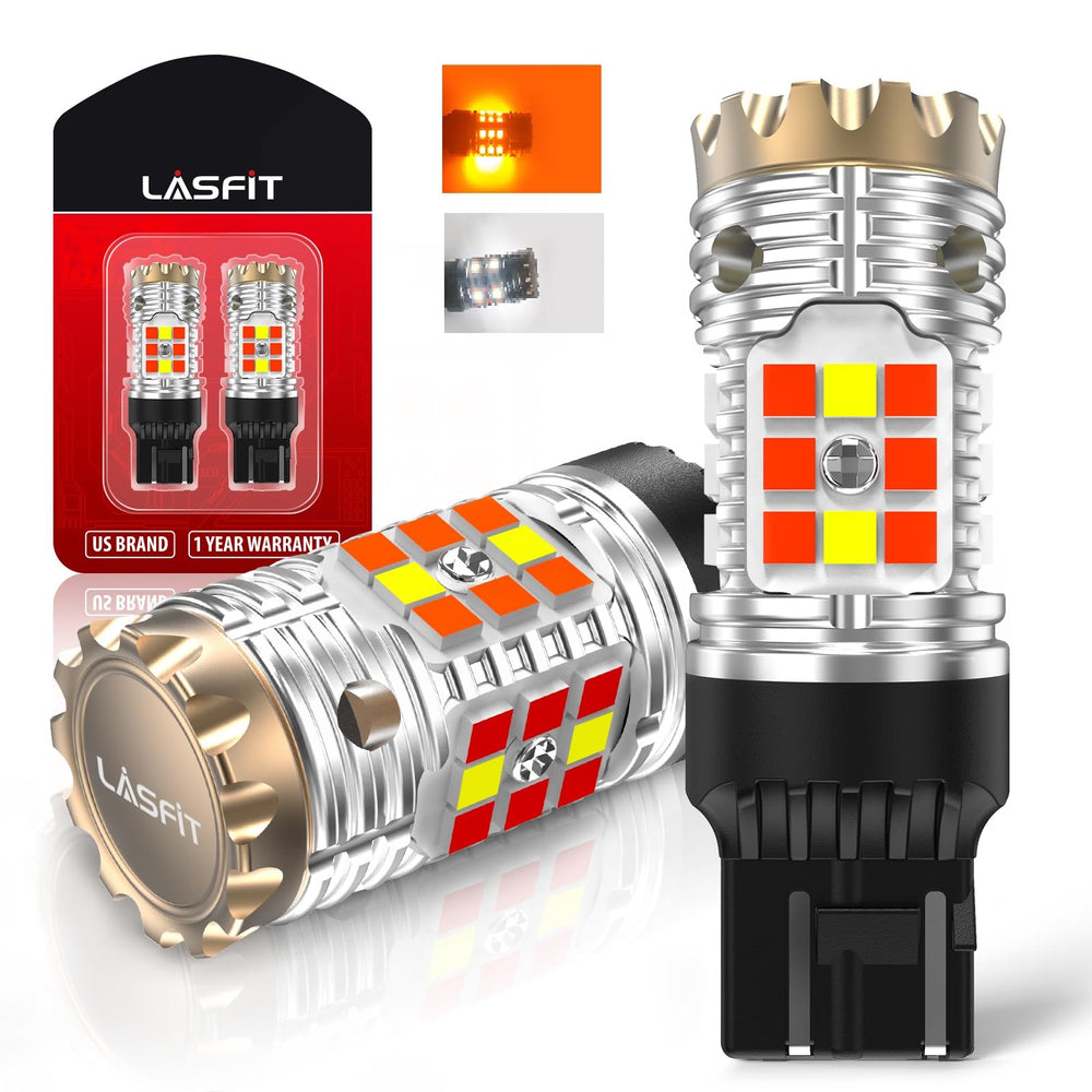 LASFIT front packaging showing two 7443CK bulbs and specifications, quick identification benefit