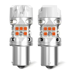 LASFIT front view of T3 1156 amber bulb showing plug-and-play fit and improved brightness