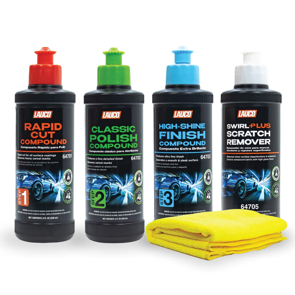 LAUCO front packaging of 3-step kit showing all bottles and towel, professional convenience