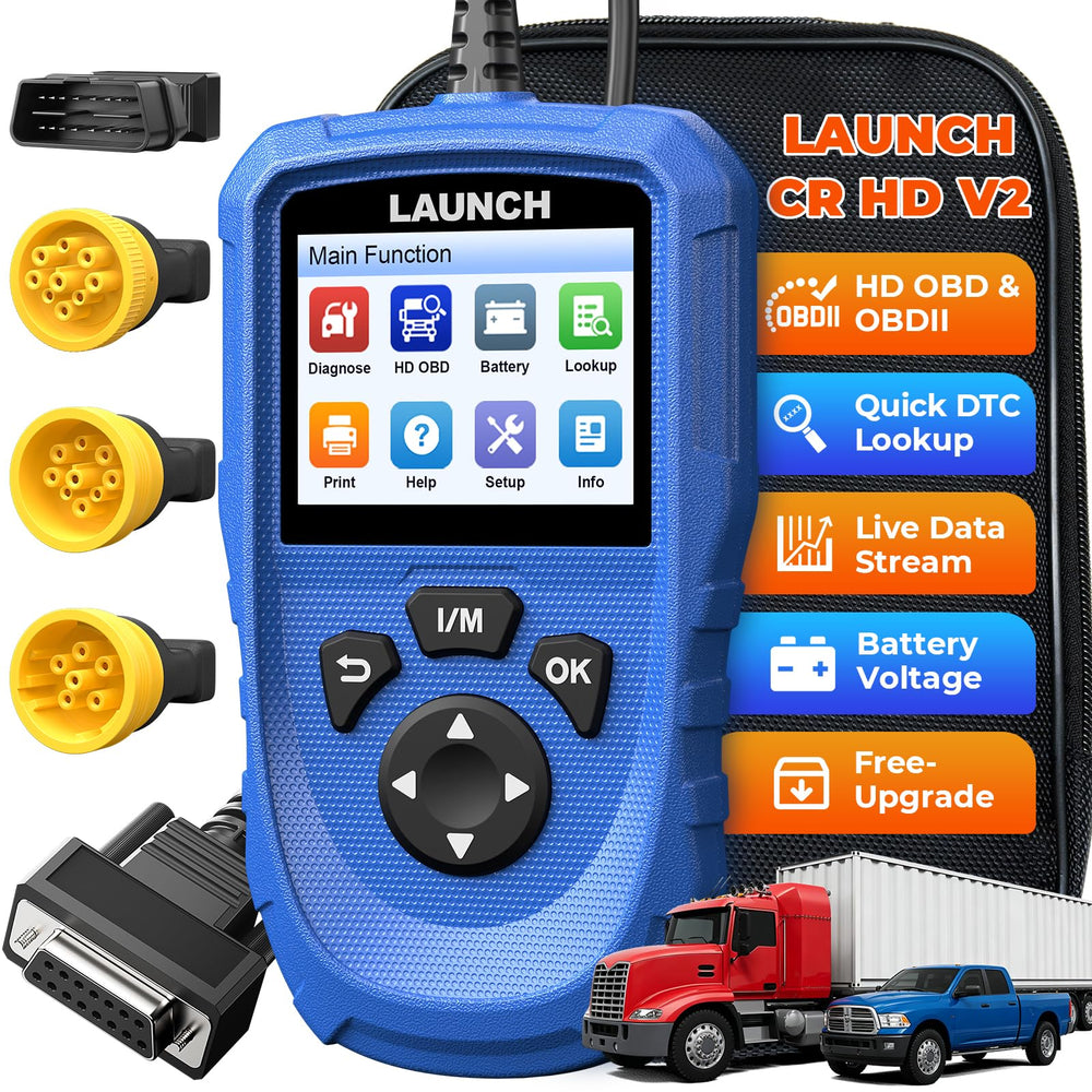 LAUNCH front view of CR HD V2 handheld scanner showing controls and screen, fast diagnostics