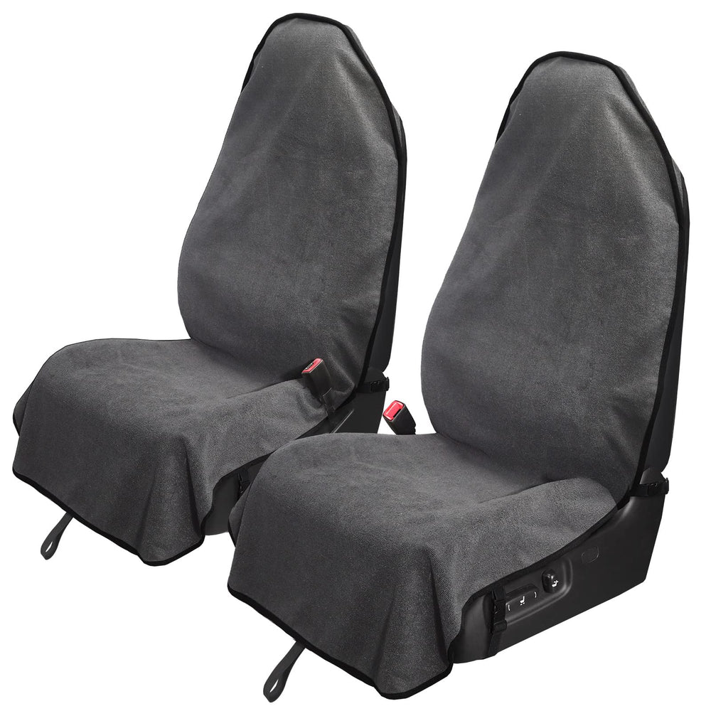 Leader Accessories front packaging showing two grey seat covers and branding for easy identification