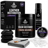 Leather Hero front packaging showing the complete 9-piece kit and benefits