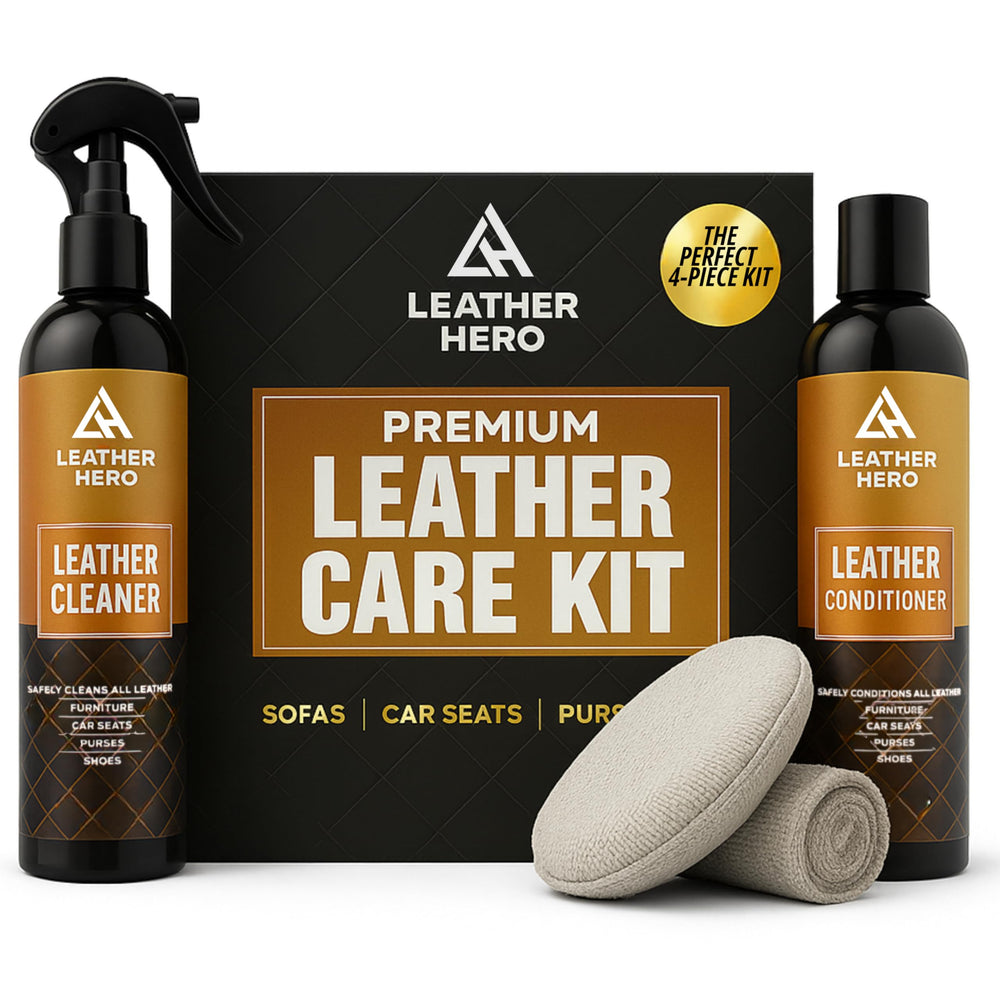 Leather Hero front packaging showing complete 4-piece kit and benefits