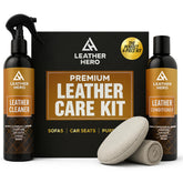 Leather Hero front packaging showing complete 4-piece kit and benefits