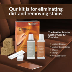 Leather Master cleaner bottle closeup illustrating gentle cleaning power