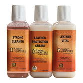Leather Master front packaging with three 250 ml bottles showing kit contents and benefits