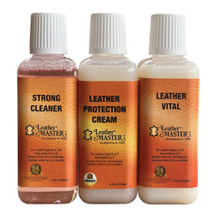 Leather Master front packaging with three 250 ml bottles showing kit contents and benefits